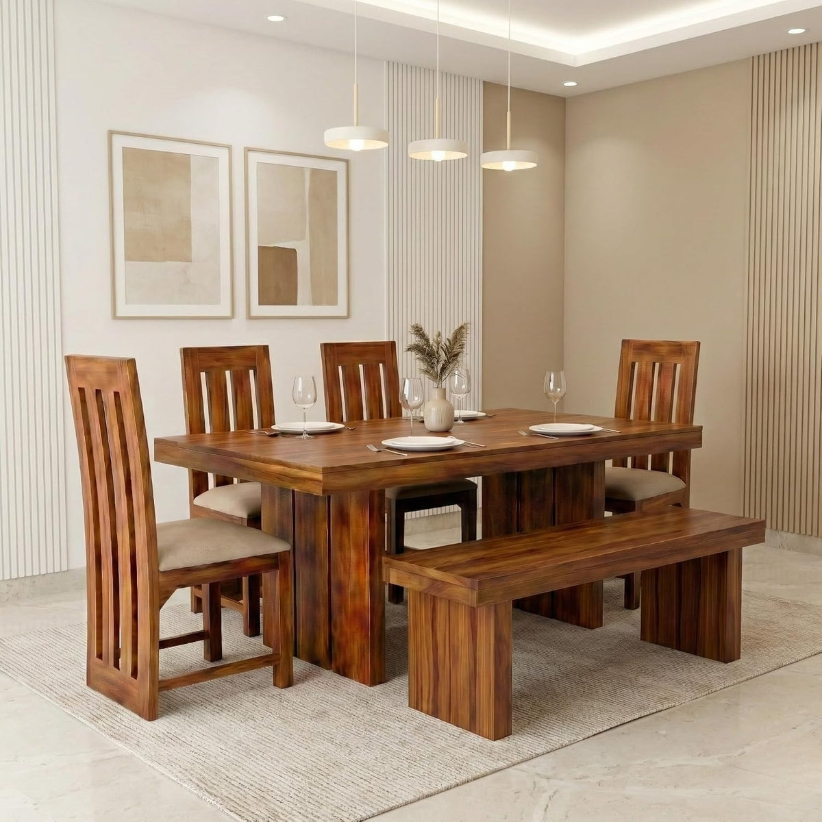 Wooden Dining Table Set 6 Seater 1 Bench with Cushion Chair Finish - Honey