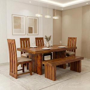 Wooden Dining Table Set 6 Seater 1 Bench with Cushion Chair Finish - Honey