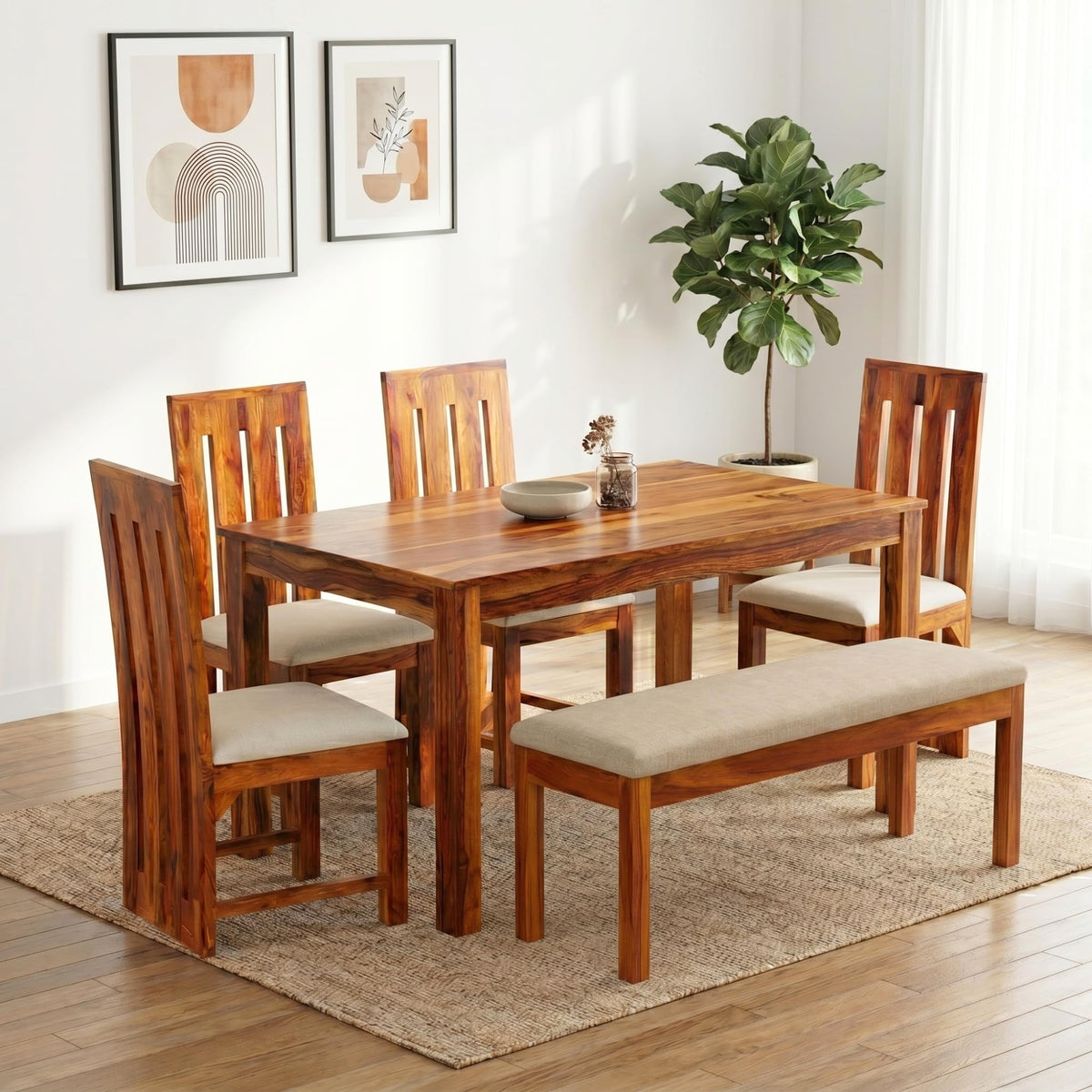 Poster Solid Sheesham Wood 4 Seater Dining Table Set with Bench - Natural Finish | Poster 6 Seater Bench Natural D2