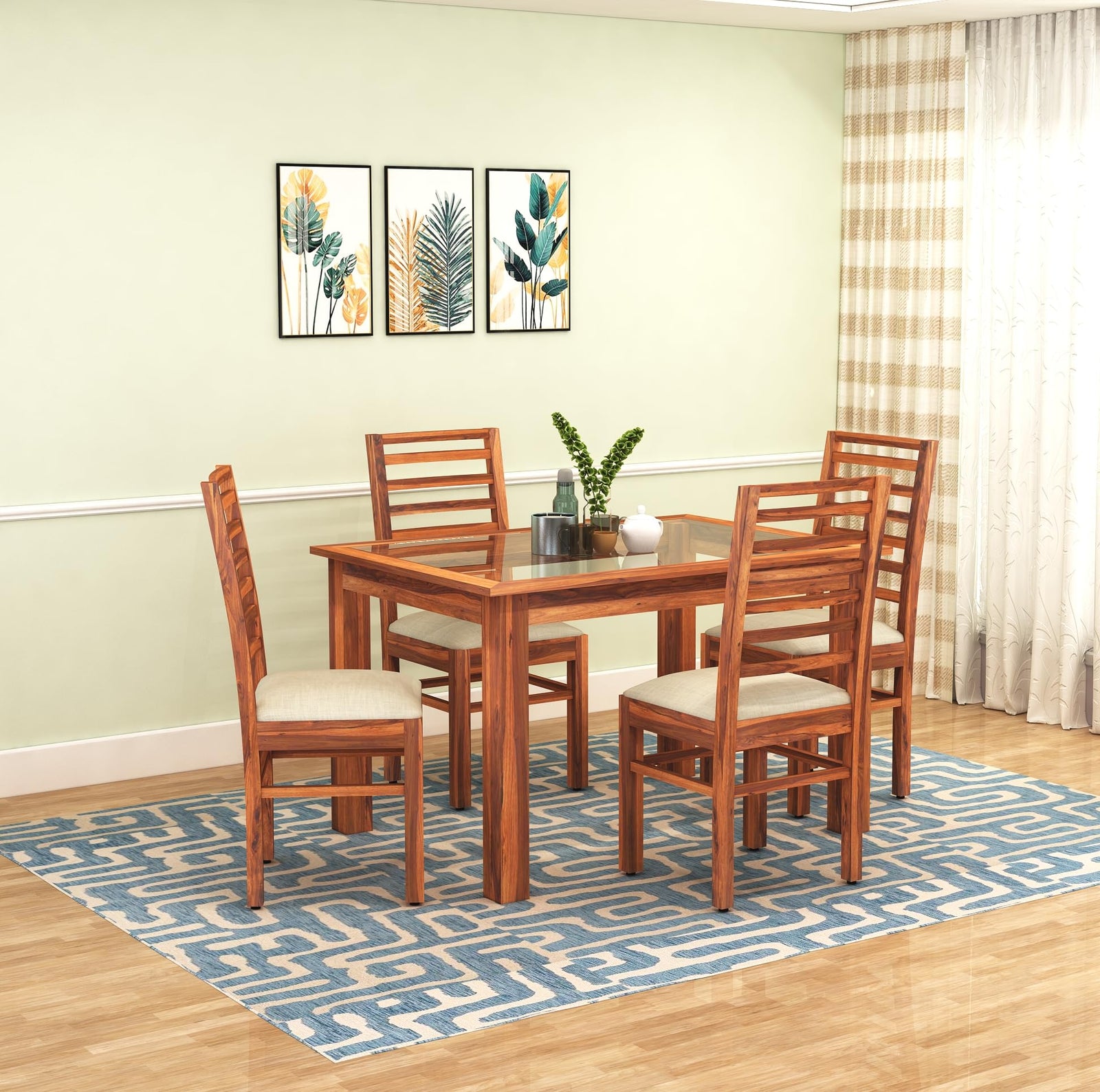 Luxe Solid Sheesham Wood Dining Table 4 Seater Dining Table Set with 4 Cushion Chairs & Glass - Natural Finish