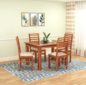 Luxe Solid Sheesham Wood Dining Table 4 Seater Dining Table Set with 4 Cushion Chairs & Glass - Natural Finish
