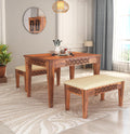 CNC Sheesham Wood Dining Table Set With Two Bench - Honey