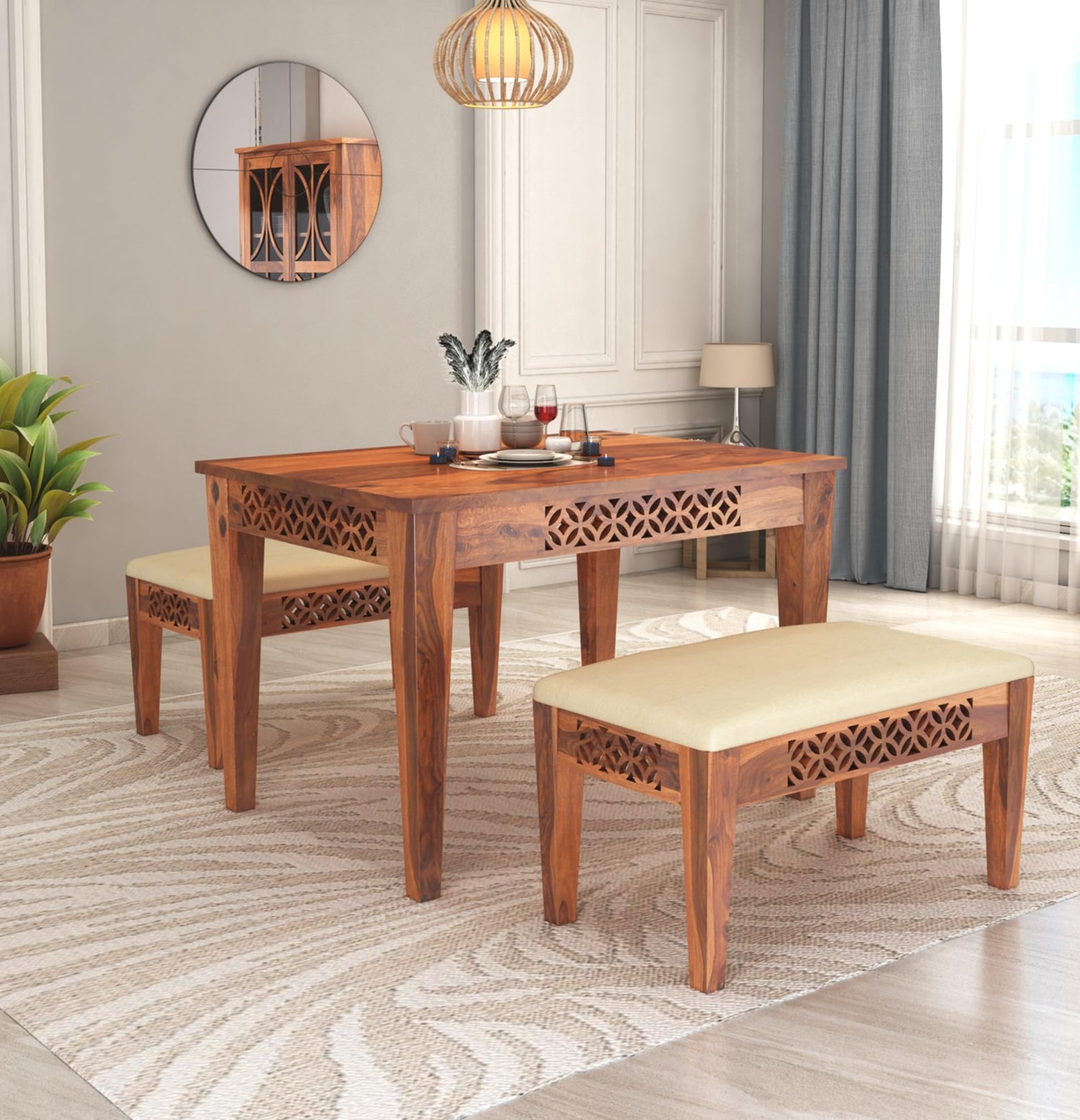 CNC Sheesham Wood Dining Table Set With Two Bench - Honey