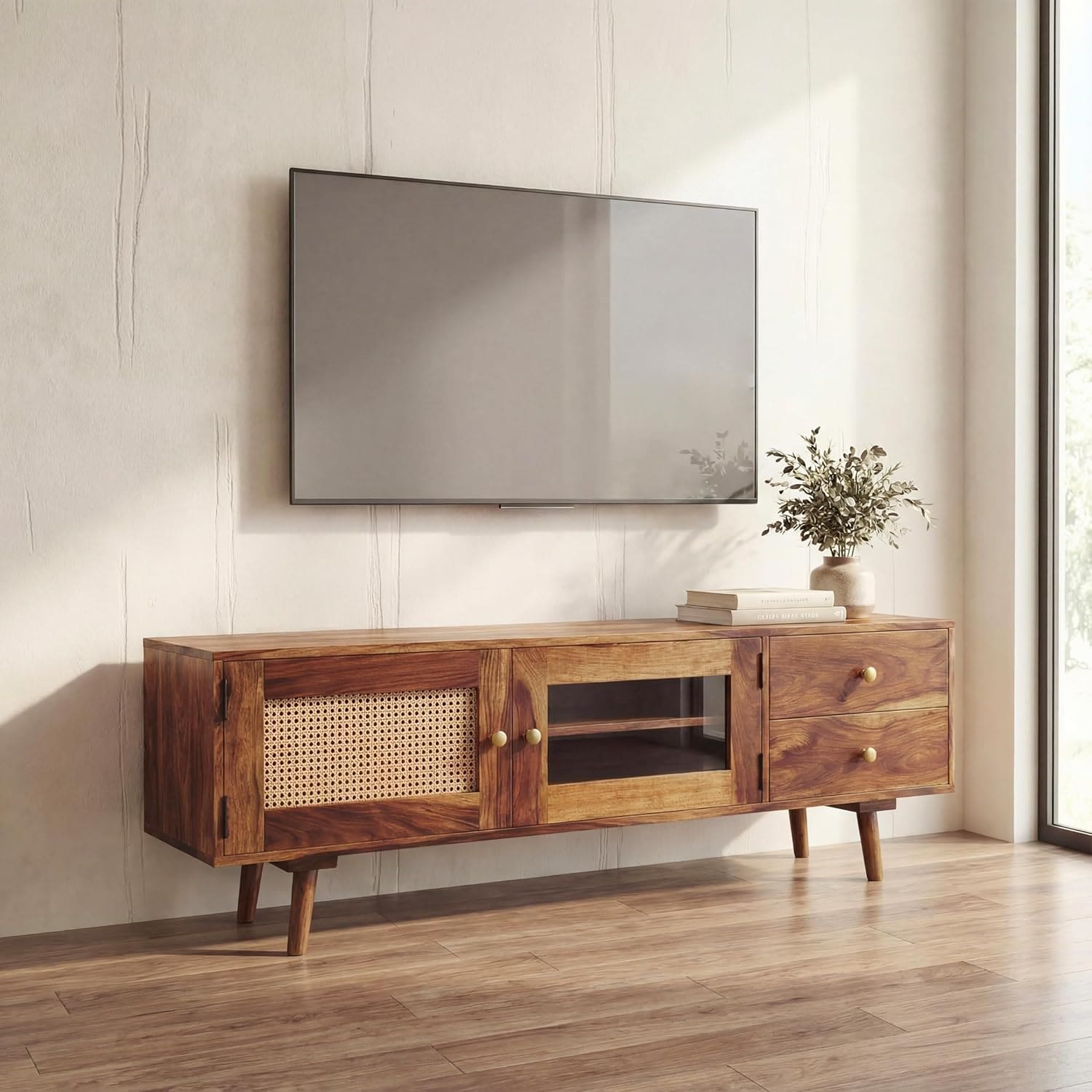 Heritage Sheesham Wood TV Unit for Living Room | Solid Wood TV Cabinet for Bedroom Natural