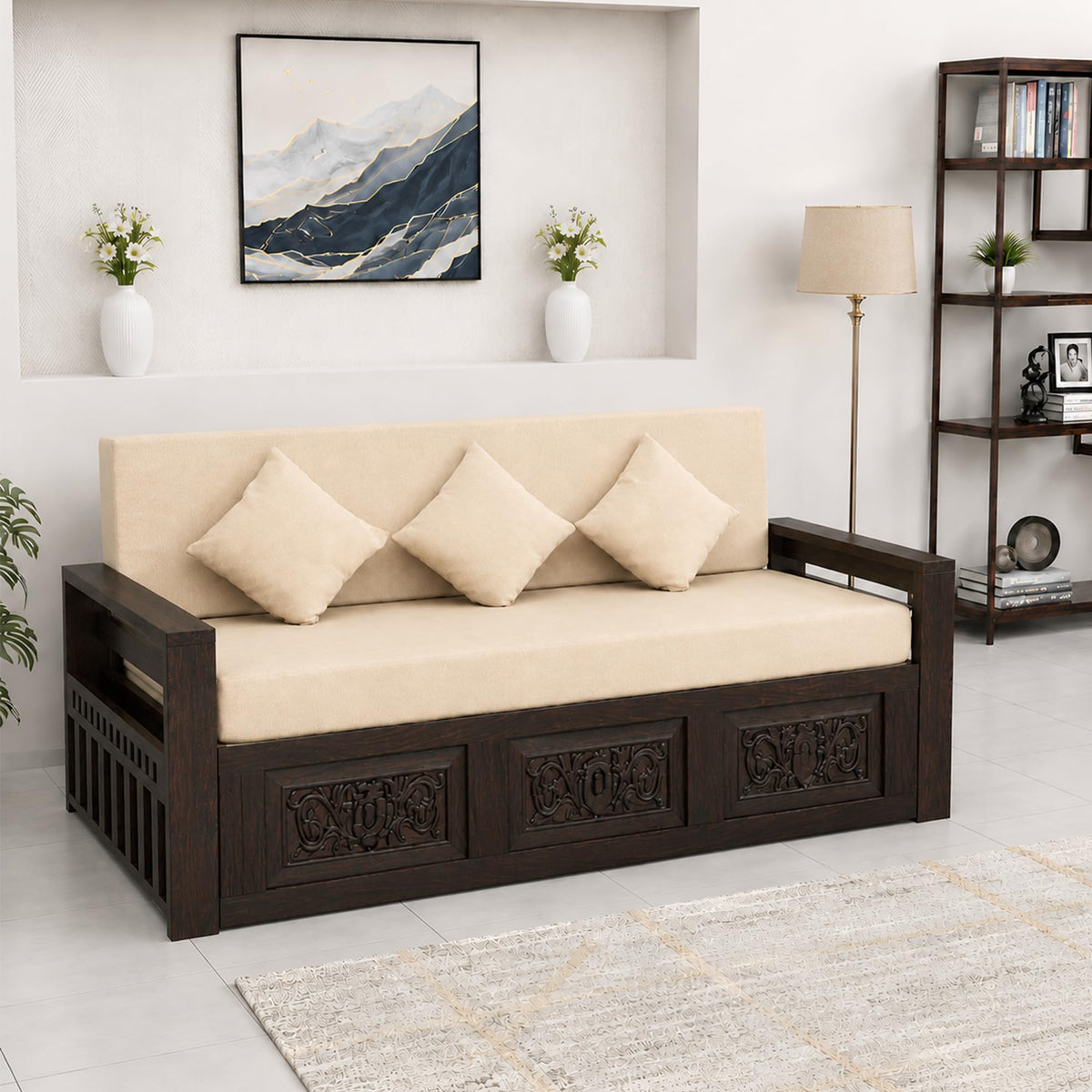 Maharaja Solid Sheesham Wood Sofa Cum Bed - Walnut Finish