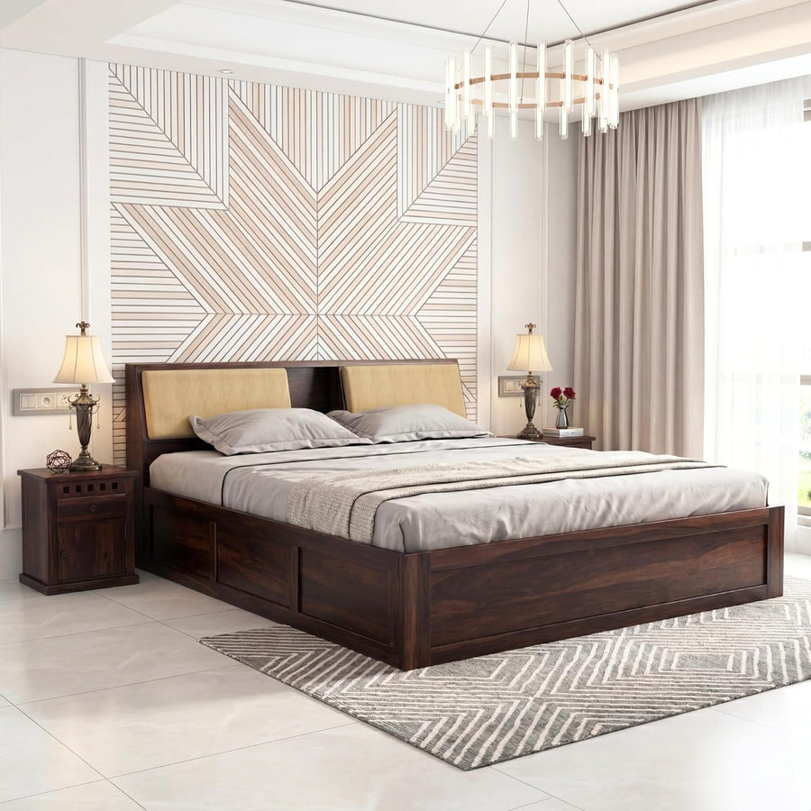 Hades Solid Sheesham Wood King Size Bed with Box Storage | King Size Cot With Head Cushion - Walnut Finish