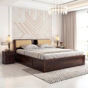 Hades Solid Sheesham Wood King Size Bed with Box Storage & 2 Bedside Tables - Walnut Finish