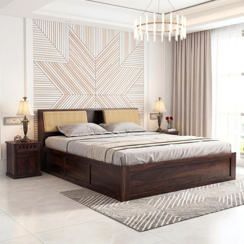 Hades Solid Sheesham Wood King Size Bed with Box Storage & 2 Bedside Tables - Walnut Finish