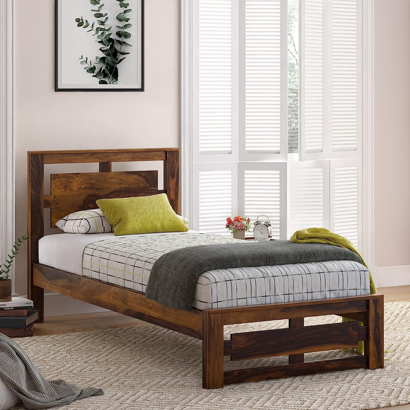 Pluto Sheesham Wood Single Bed Furniture for Bedroom Wood Cot Single Size Palang Walnut Finish