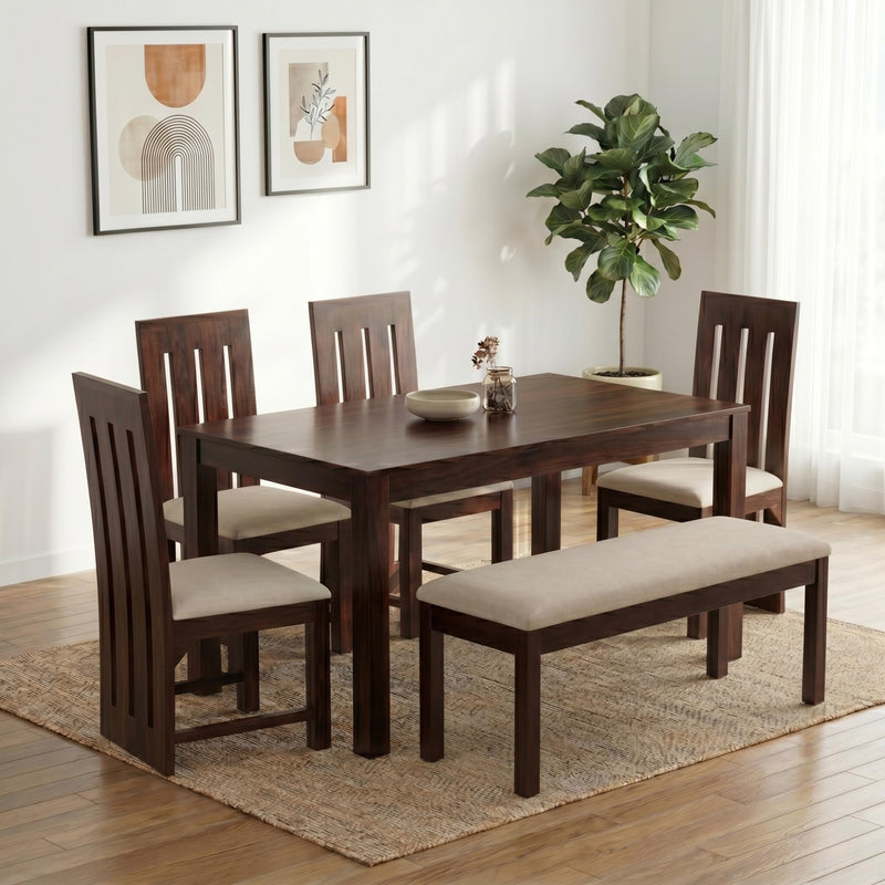 Poster Solid Sheesham Wood 4 Seater Dining Table Set with Bench - Walnut Finish | Poster 6 Seater Bench Walnut D2