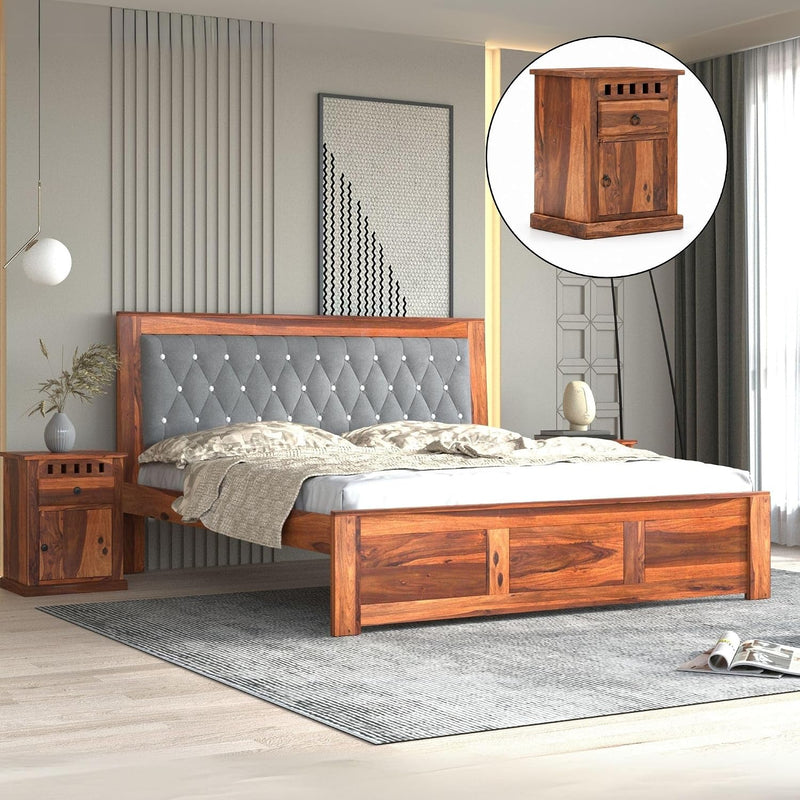 Zeus Solid Sheesham Wood King Size Bed without Storage & 2 Bedside Tables - Natural Finish
