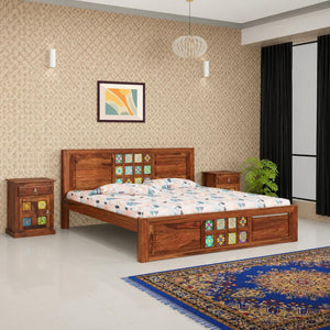 Taurus Solid Sheesham Wood Queen Size Bed without Storage & 2 Bedside Tables - Natural Finish