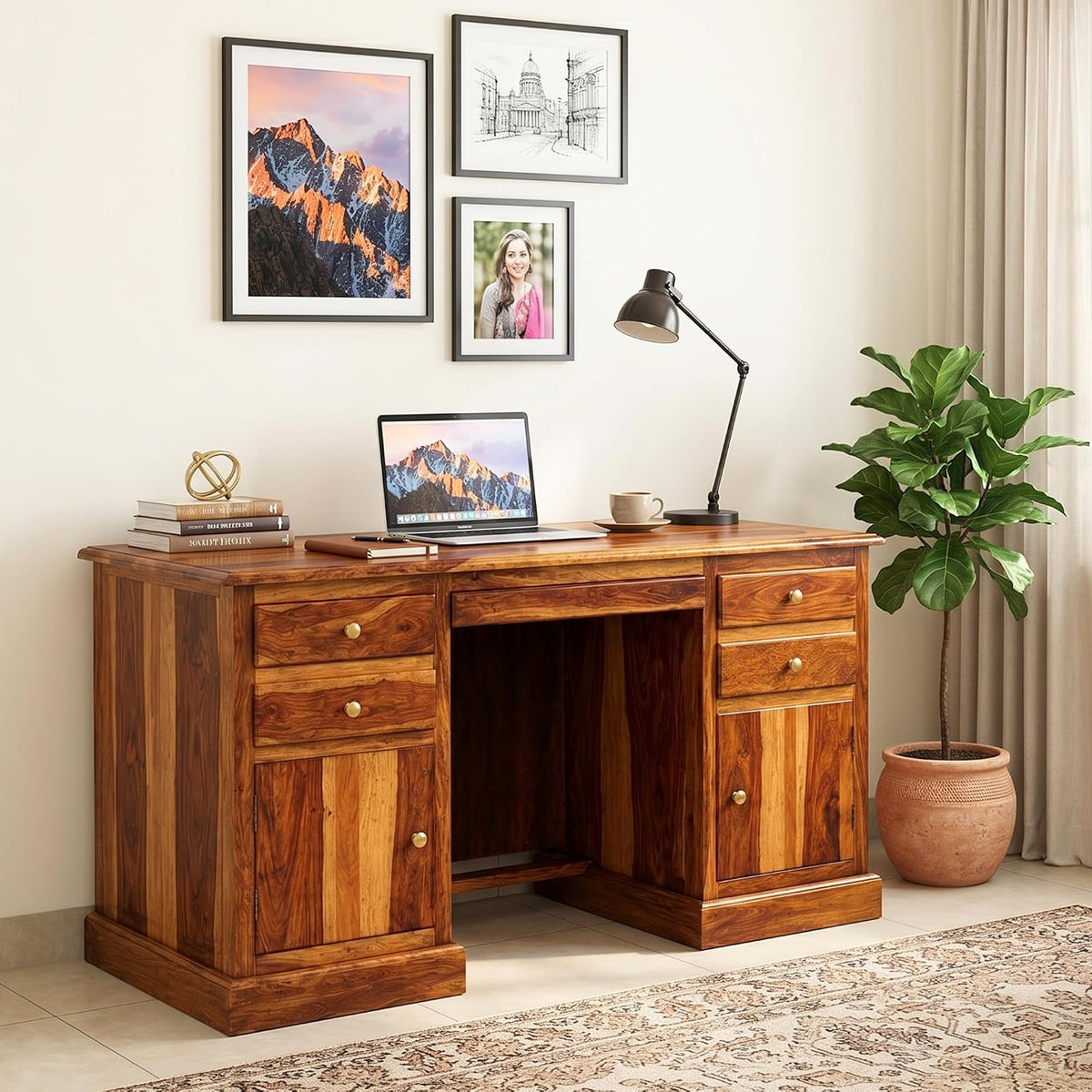 Carmel 2 Door Sheesham Wood Study Table for Students with 4 Drawers & 2 Doors - Natural Finish