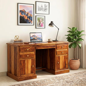 Carmel 2 Door Sheesham Wood Study Table for Students with 4 Drawers & 2 Doors - Natural Finish