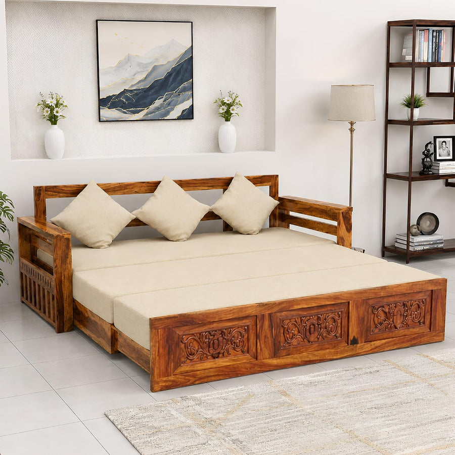 Maharaja Solid Sheesham Wood Sofa Cum Bed - Natural Finish