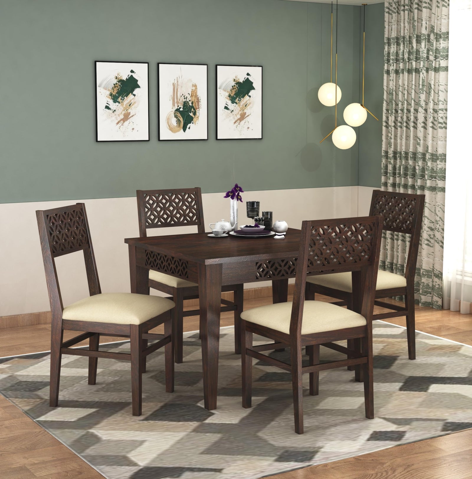 CNC Solid Sheesham Wooden Dining Table 4 Seater - Walnut