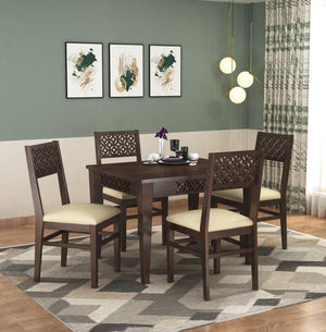 CNC Solid Sheesham Wooden Dining Table 4 Seater - Walnut