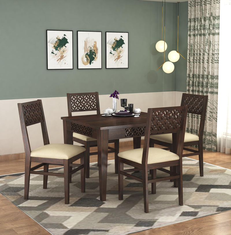 CNC Solid Sheesham Wooden Dining Table 4 Seater - Walnut