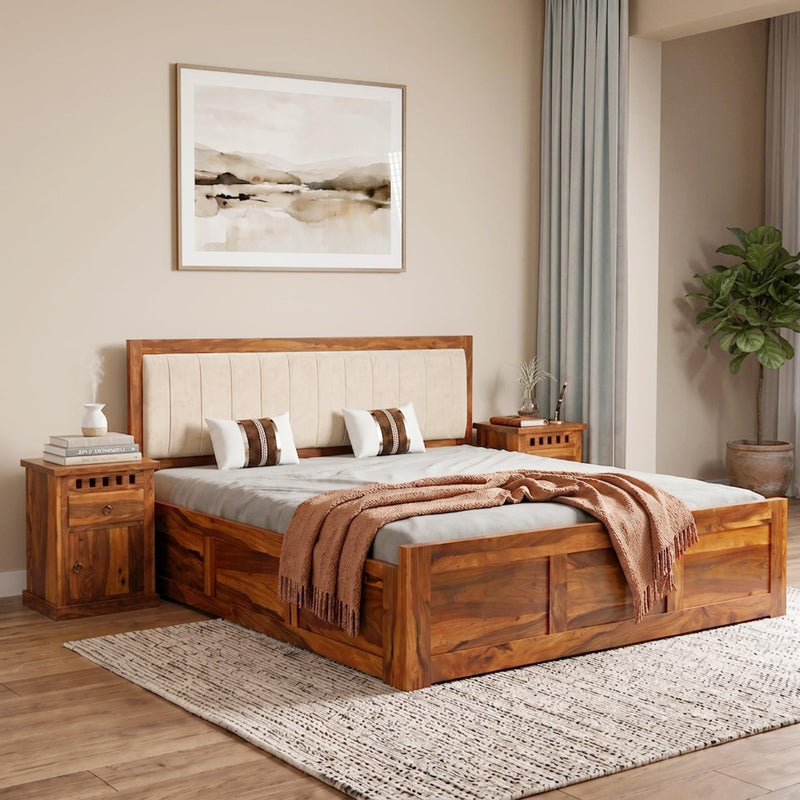 Veronica Solid Sheesham Wood King Size Bed with Box Storage - Natural Finish