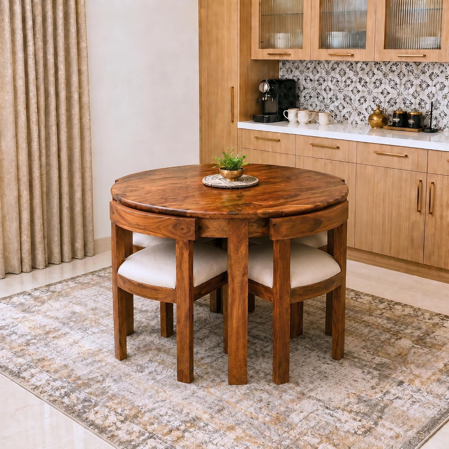 Cero Sheesham Wood Round 4 Seater Dining Table Set - Natural Finish
