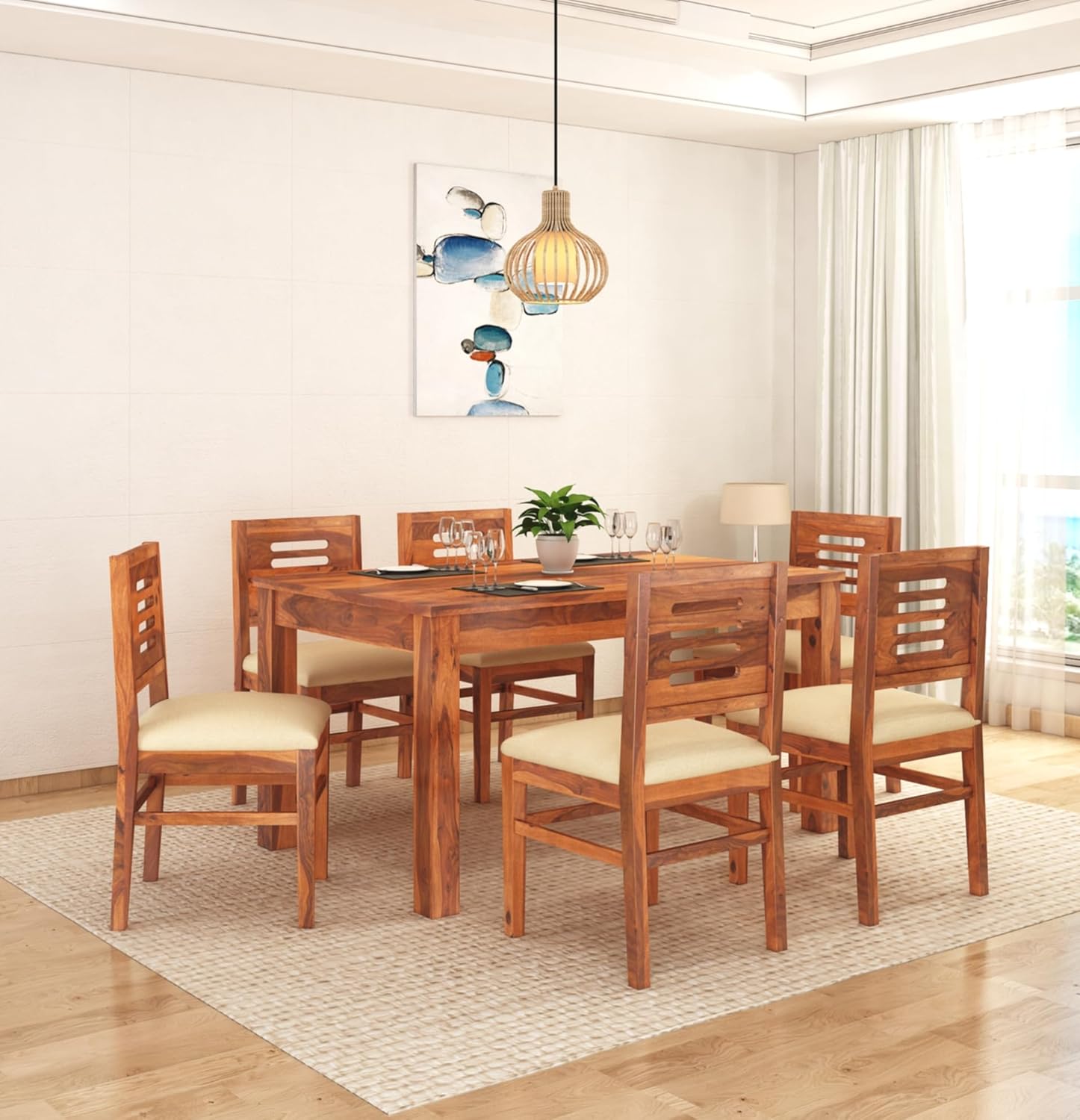 Capsule Solid Wood Dining Table Set 6 Seater With Cushion Chair - Natural Finish