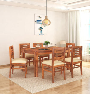 Capsule Solid Wood Dining Table Set 6 Seater With Cushion Chair - Natural Finish