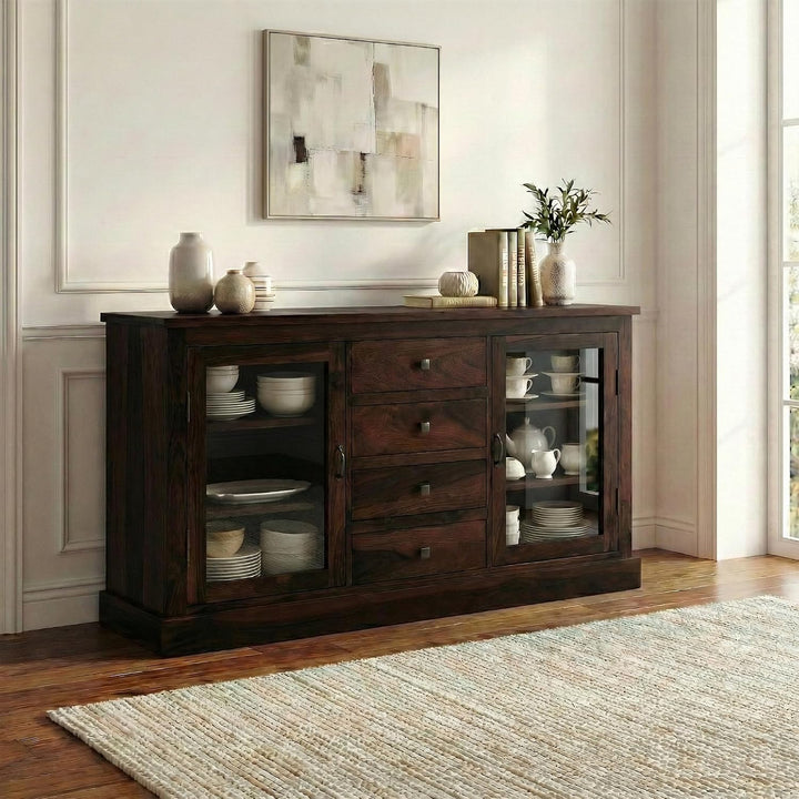 Nexa Glass Solid Sheesham Wood Sideboard Cabinet for Living Room - Walnut Finish