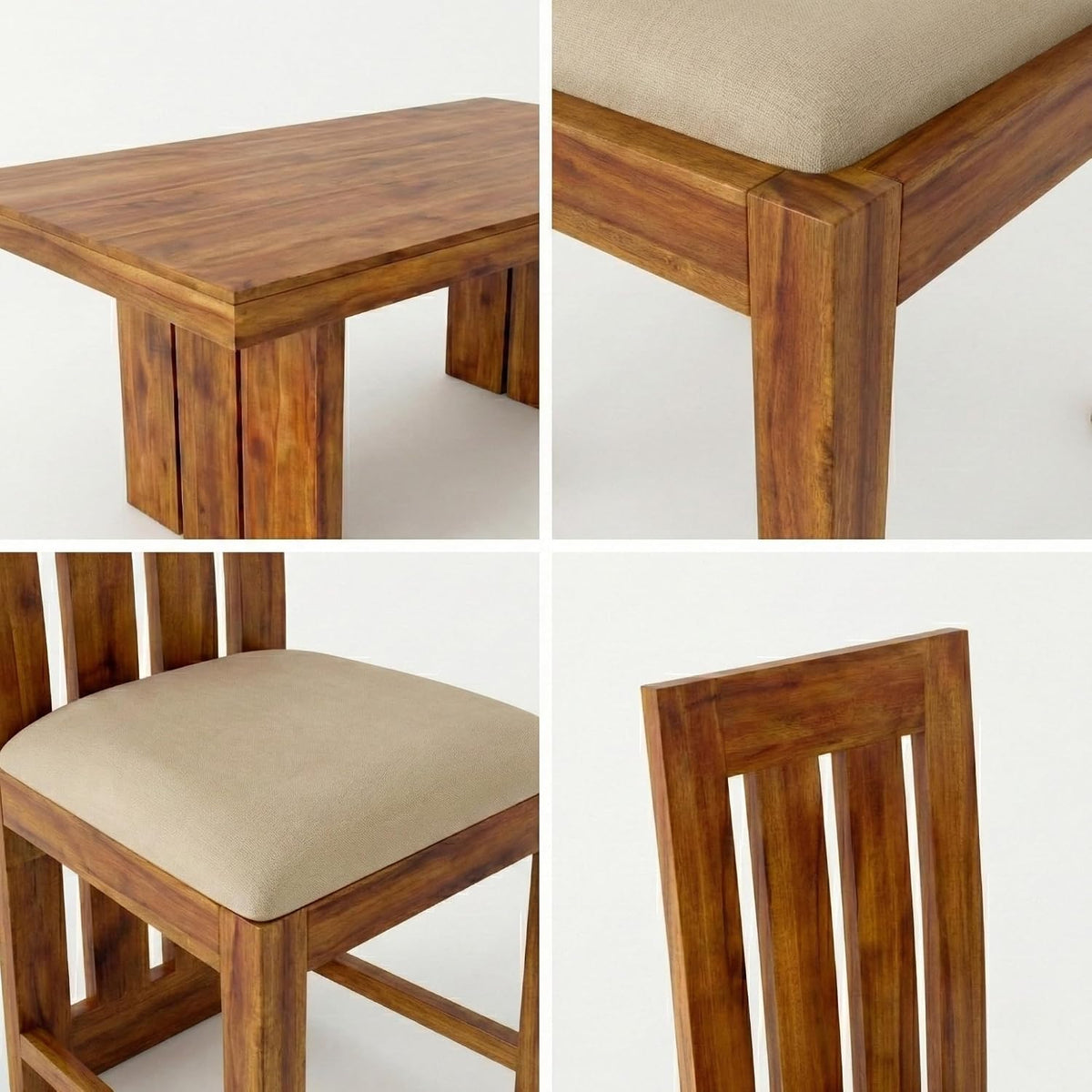 Wooden Dining Table Set 6 Seater 1 Bench with Cushion Chair Finish - Honey