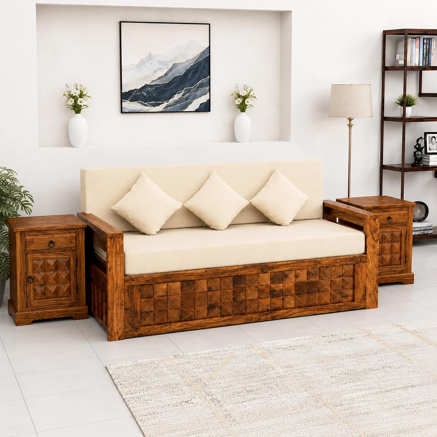 Diamond With Bedside Solid Sheesham Wood Sofa Cum Bed - Natural Finish