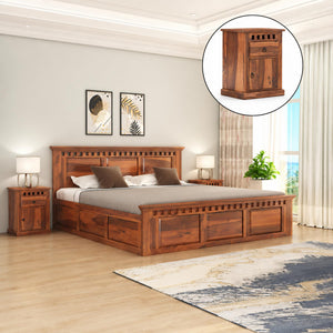 Kuber Solid Sheesham Wood King Size Bed with Box Storage & 2 Bedside Tables - Natural Finish