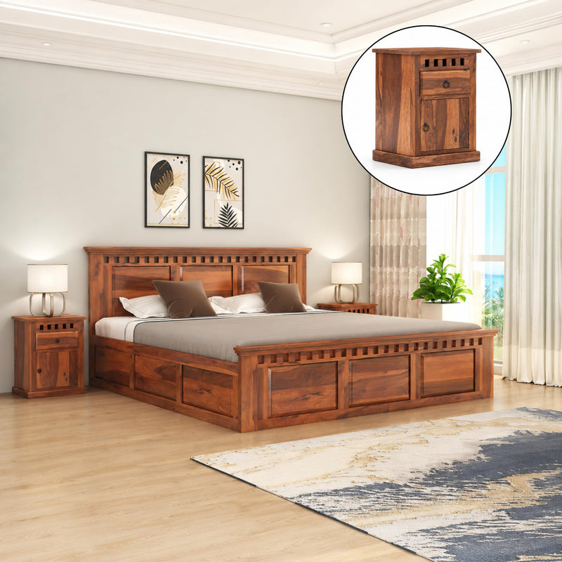 Kuber Solid Sheesham Wood King Size Bed with Box Storage & 2 Bedside Tables - Natural Finish