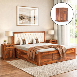 Zeus Solid Sheesham Wood Queen Size Bed with Box Storage & 2 Bedside Tables - Natural Finish
