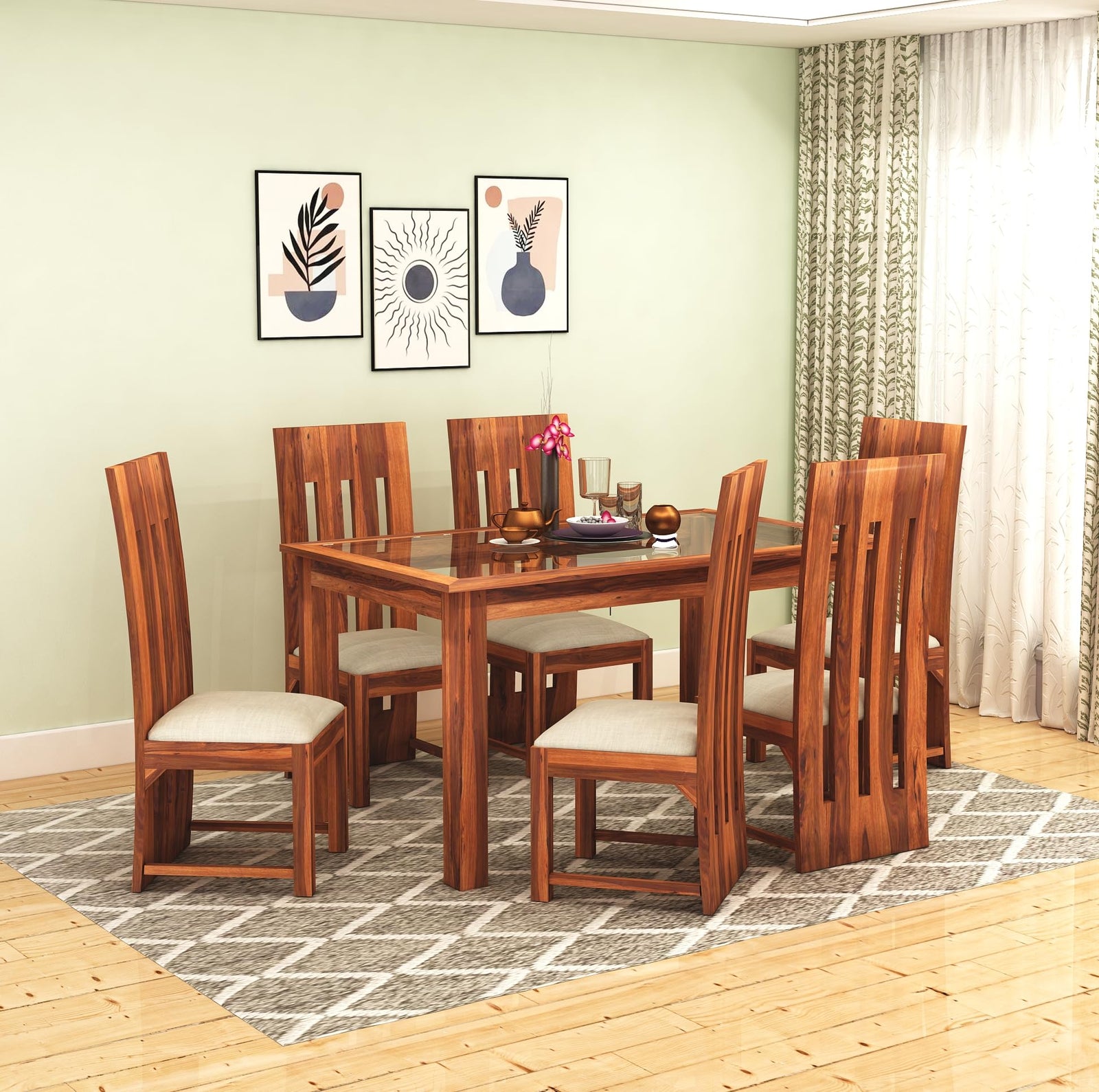 Poster Sheesham Wood Dining Table 6 Seater Dining Table Set with 6 Cushion Chairs & Glass Top - Natural Finish