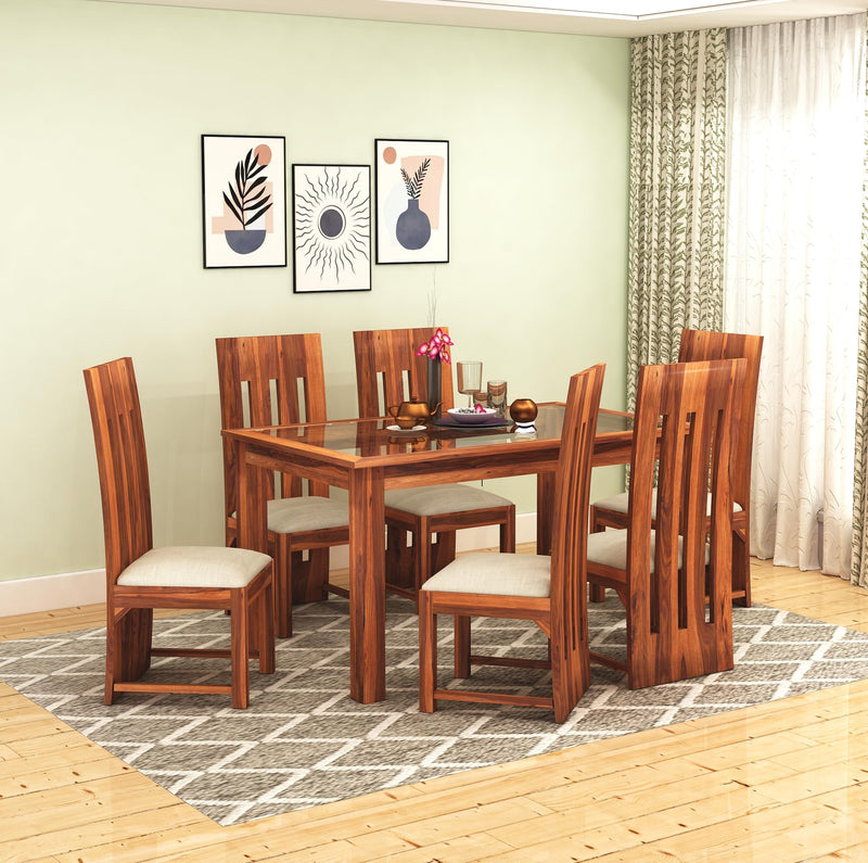 Poster Sheesham Wood Dining Table 6 Seater Dining Table Set with 6 Cushion Chairs & Glass Top - Natural Finish