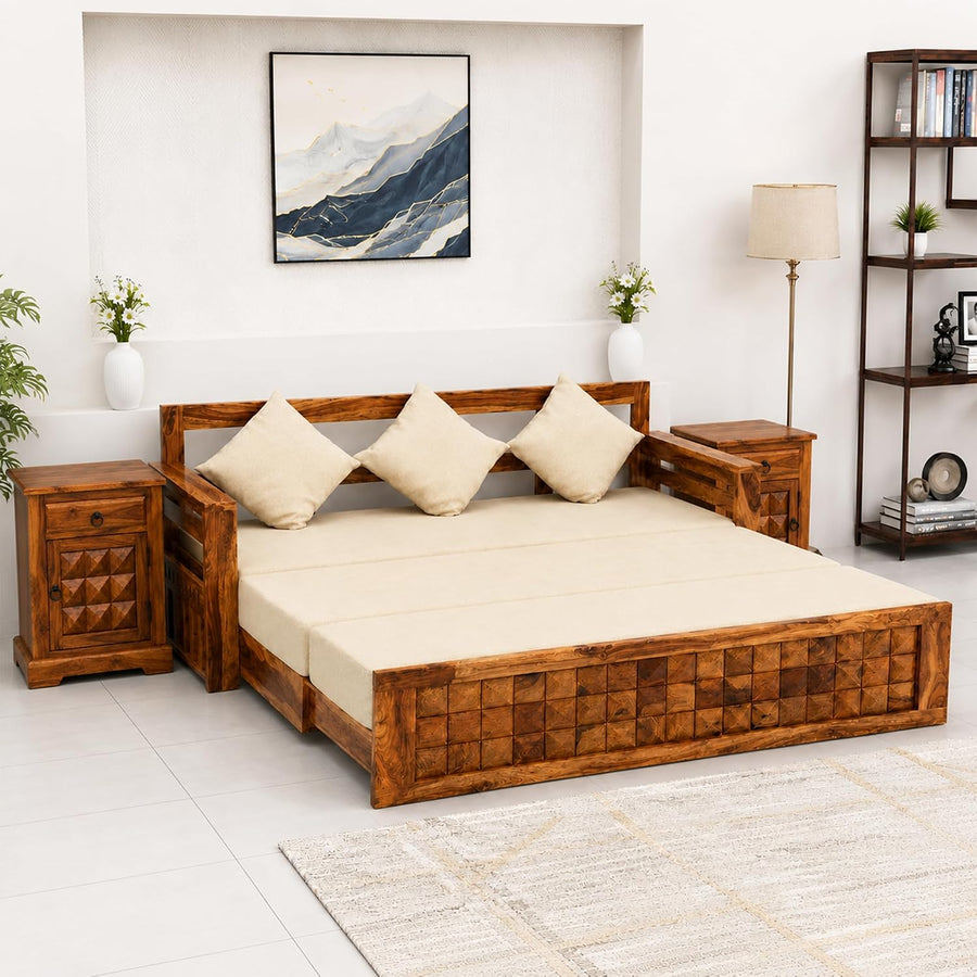 Diamond With Bedside Solid Sheesham Wood Sofa Cum Bed - Natural Finish
