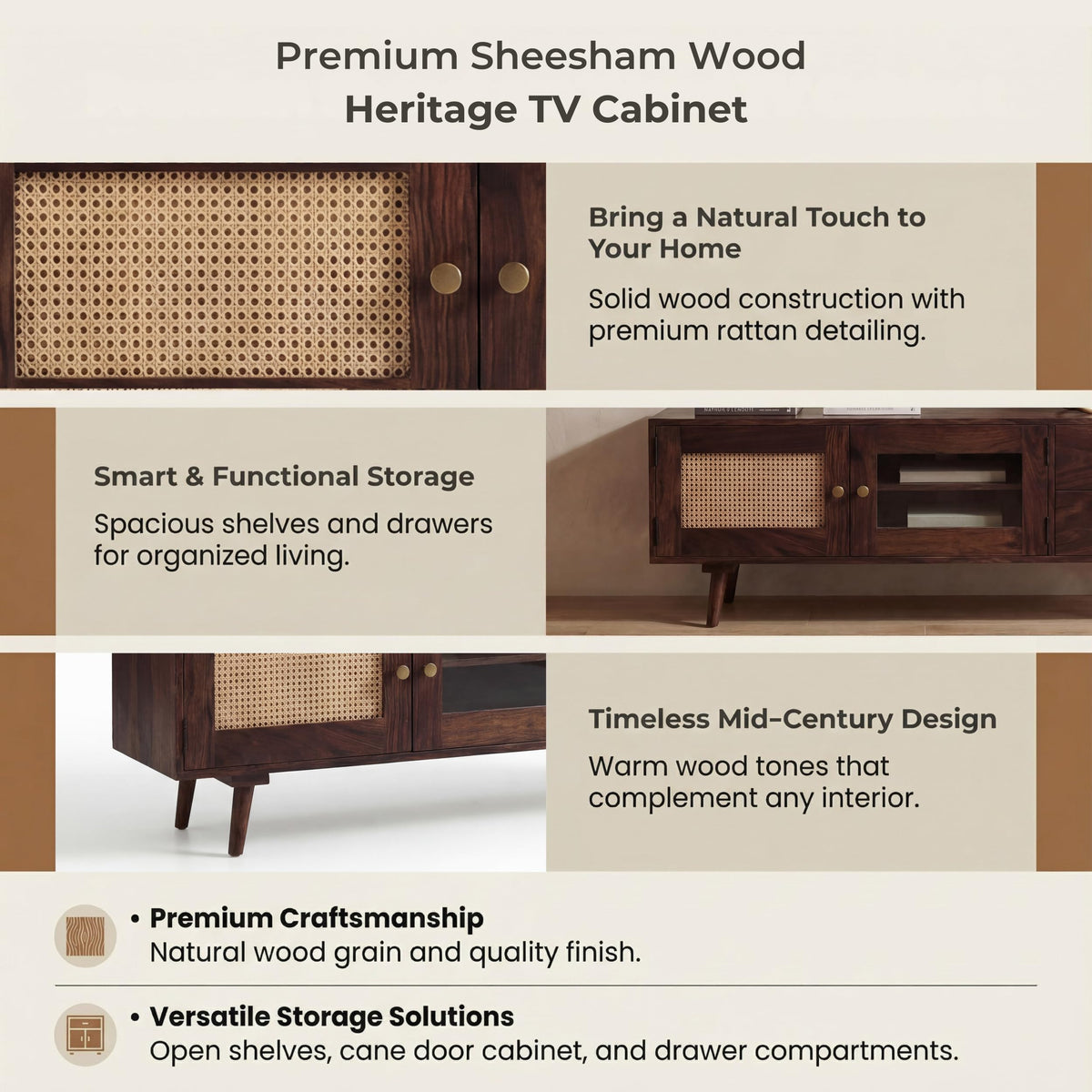 Heritage Solid Sheesham Wood TV Unit for Living Room in walnut finish - open shelf close-up