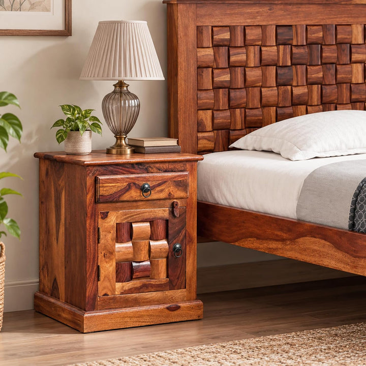 Niwar Solid Sheesham Wood Bedside Table - Natural Finish