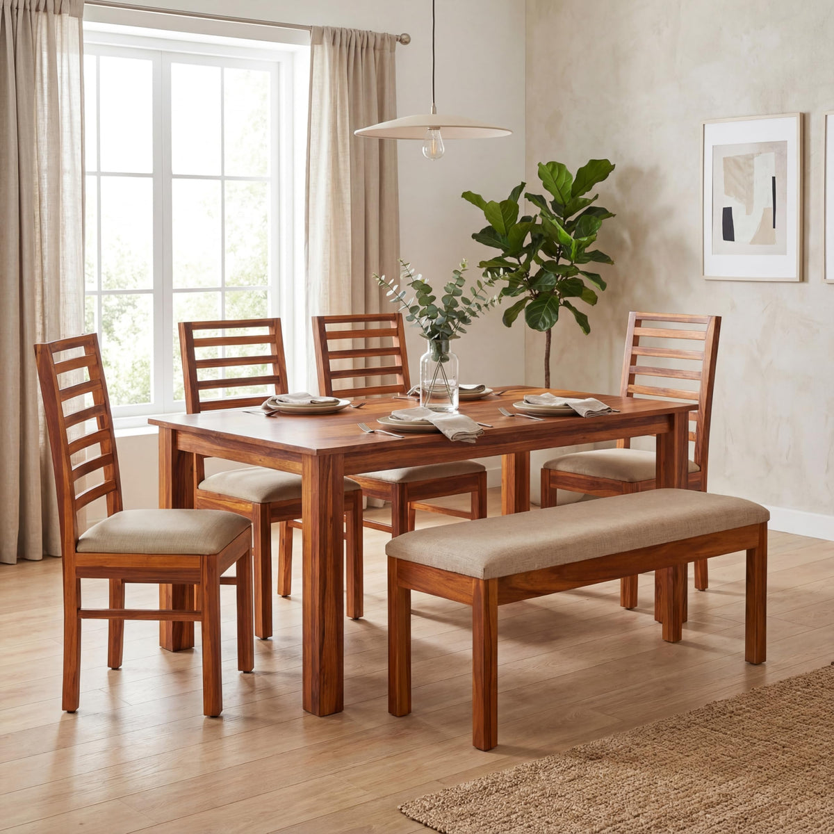 7 Fanti with Solid Sheesham Wood 6 Seater Dining Table Set with Bench in natural finish