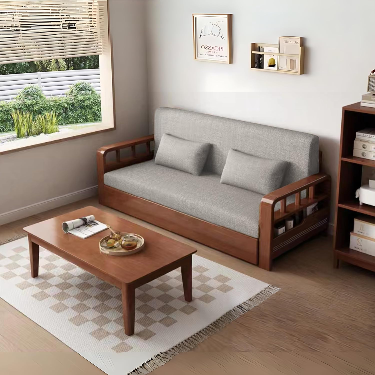 Relaxio Wooden 3 Seater Sofa Cum Bed with Storage - Oak Wood - Grey Cushion