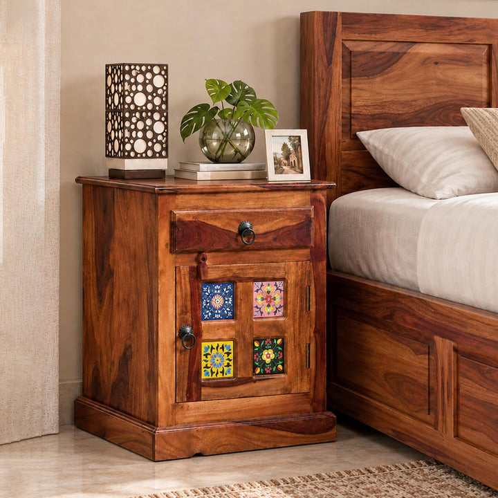 Tile Solid Sheesham Wood Bedside Table - Natural Finish