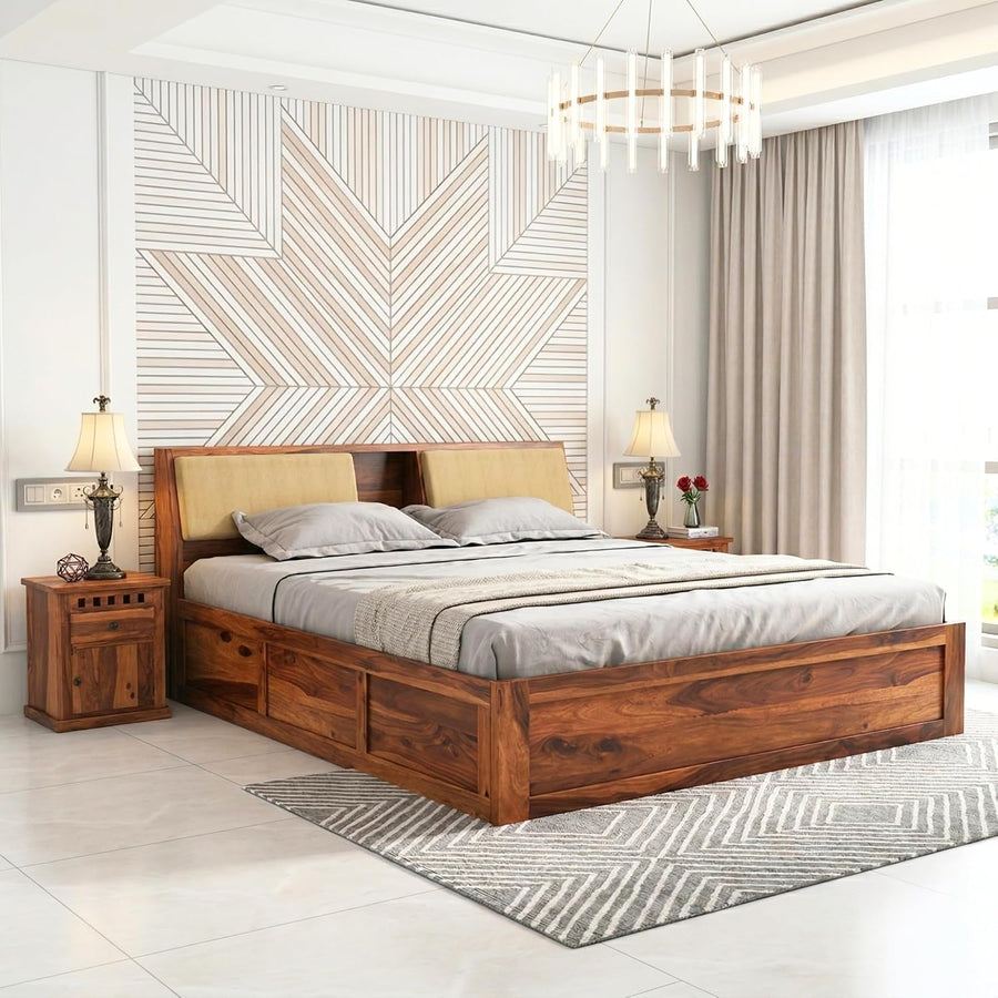 Hades Wooden Queen Size Bed With Box Storage - Natural Finish