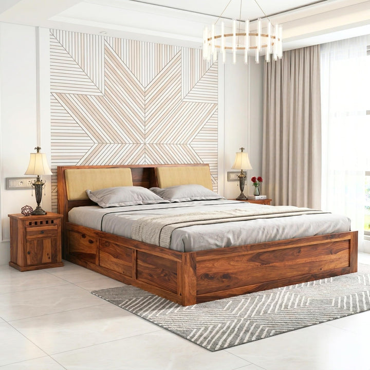 Hades Solid Sheesham Wood King Size Bed with Box Storage & 2 Bedside Tables in natural finish