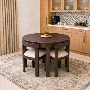 Cero Sheesham Wood Round 4 Seater Dining Table Set - Walnut Finish