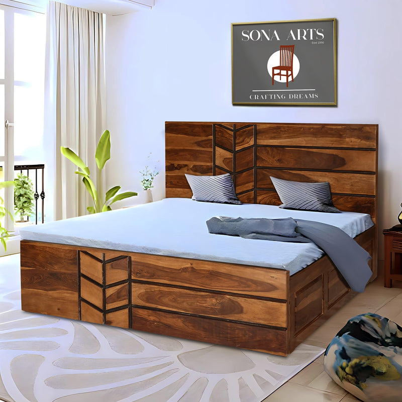 M Solid Sheesham Wood Queen Size Bed with Box Storage - Natural Finish