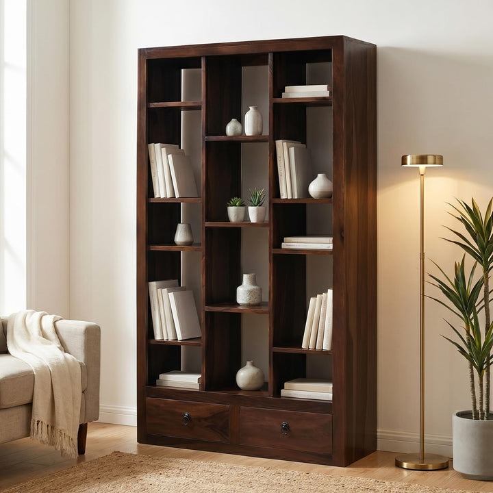 SAC-Zigzag Solid Sheesham Wood Book Shelf for Home Library in walnut finish
