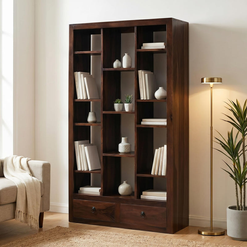 SAC-Zigzag Solid Sheesham Wood Book Shelf for Home Library - Walnut Finish