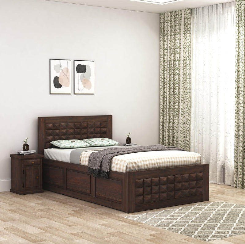 Diamond Solid Sheesham Wood Single Bed with Box Storage - Walnut