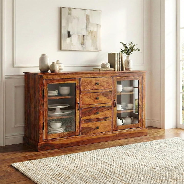 Nexa Glass Solid Sheesham Wood Sideboard Cabinet for Living Room - Natural Finish