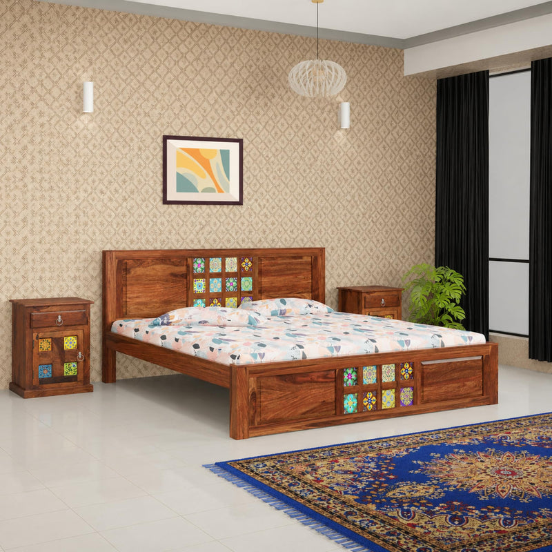 Taurus Solid Sheesham Wood King Size Bed without Storage - Natural Finish