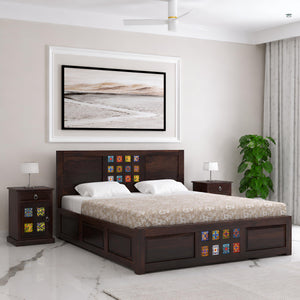 Taurus Solid Sheesham Wood Queen Size Bed with Box Storage - Walnut Finish